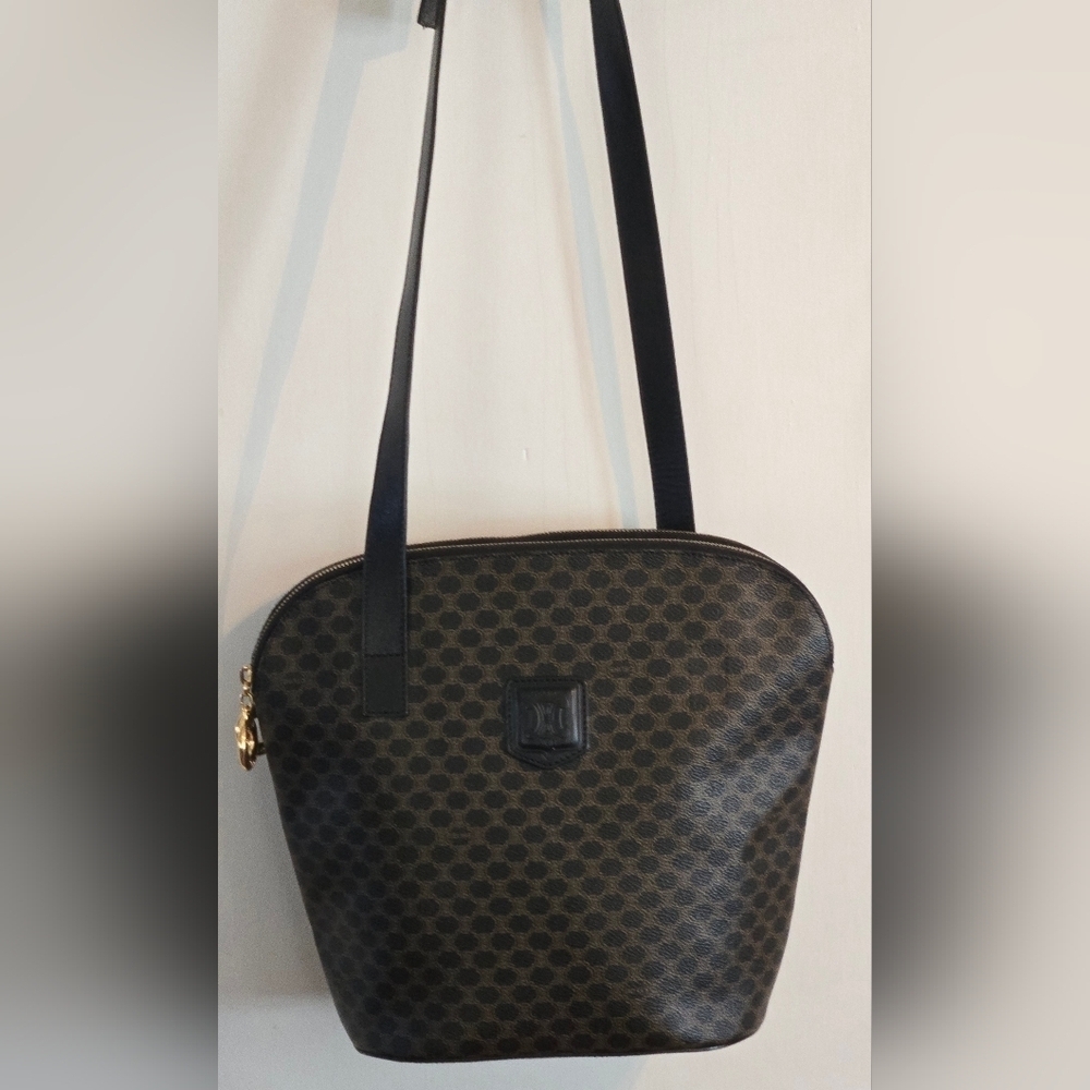 Celine | Double Zip Shoulder Tote Bag | Macadam Canvas & Black Leather | Vintage - Picture 6 of 16